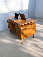Grand bureau double face vintage en bois années 60
