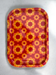 Plateau fleurs en métal rouge orange et jaune