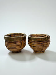 Duo de vide-poches ou cache-pot rotin et laiton 1970