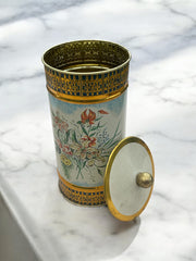 Ancienne boite à biscuits ou chocolats en fer blanc lithographié,  Victoria, motif floral