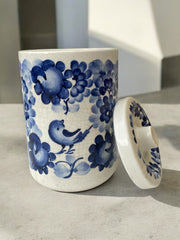 Boite en faïence craquelée oiseau et fleurs bleues