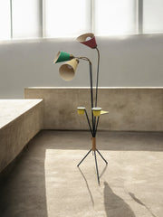 Lampe vintage tripode années 50 laiton et metal noir abats jours soie