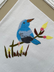 Grande nappe en tissu et 11 serviettes oiseaux brodés