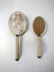 Miroir à main métal doré et brosse vintage