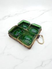 Plat apéritif années 60/70, coupelles vertes verre soufflé