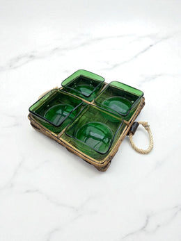 Plat apéritif années 60/70, coupelles vertes verre soufflé