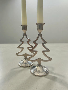 Paire de chandeliers sapin de Noël argentés