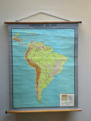 Ancienne carte scolaire Amérique du Sud montée sur bois