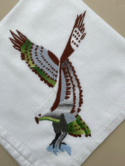 Grande nappe en tissu et 11 serviettes oiseaux brodés