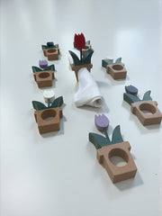 8 ronds de serviette en bois tulipes vintage