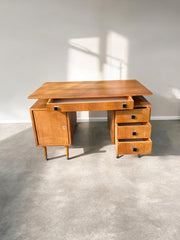 Grand bureau double face vintage en bois années 60