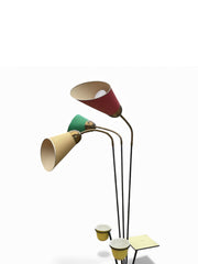 Lampe vintage tripode années 50 laiton et metal noir abats jours soie