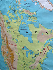 Ancienne carte scolaire Amérique du Nord montée sur bois