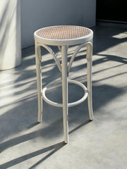 Tabouret années 60 haut de bar bois blanc et cannage