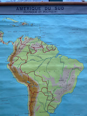 Ancienne carte scolaire Amérique du Sud montée sur bois