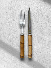 16 couverts en bambou et inox années 70