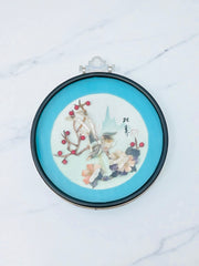 Cadre ancien médaillon chinois en nacre thème oiseaux