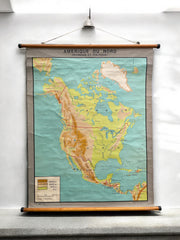 Ancienne carte scolaire Amérique du Nord montée sur bois