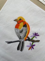 Grande nappe en tissu et 11 serviettes oiseaux brodés