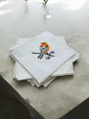 Grande nappe en tissu et 11 serviettes oiseaux brodés